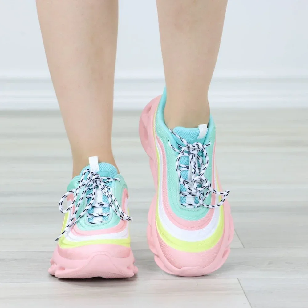 Rainbow Sneakers Fashion Comfortable Chunky Heel Shoes Slip Ons - Picture 7 of 12